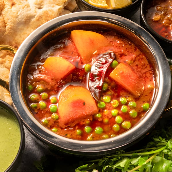 Aloo Matar, a Pakistani potato and pea curry, in a silver bowl with naan and chutneys.