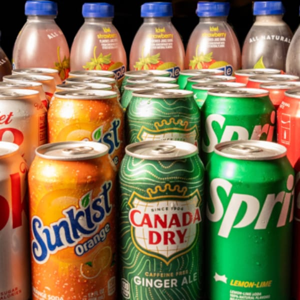 A close-up of various cold soda cans and bottled drinks, including Sunkist, Canada Dry, and Sprite.
