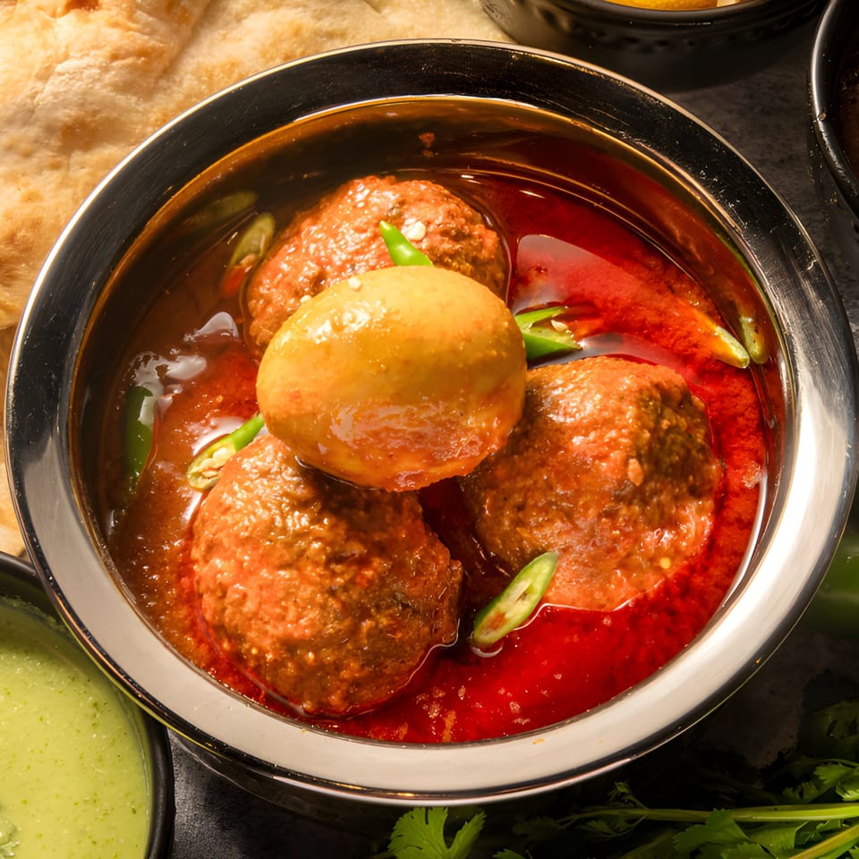 Pakistani Nargisi Kofta, a rich curry with meatballs and a hard-boiled egg, garnished with green chilies.