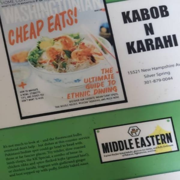 A magazine cover featuring "Cheap Eats" and a bowl of shrimp noodles, next to Kabob N Karahi restaurant information.