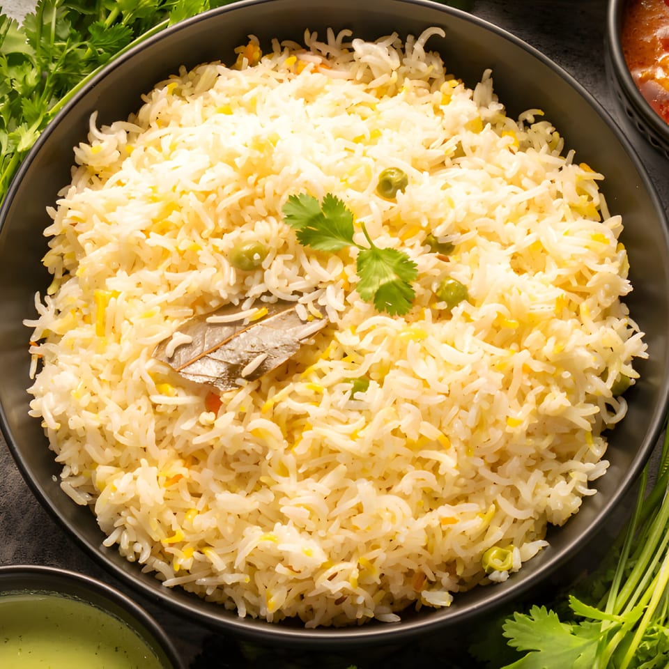 A black bowl of Pakistani pulao rice with peas, bay leaf, and cilantro garnish.