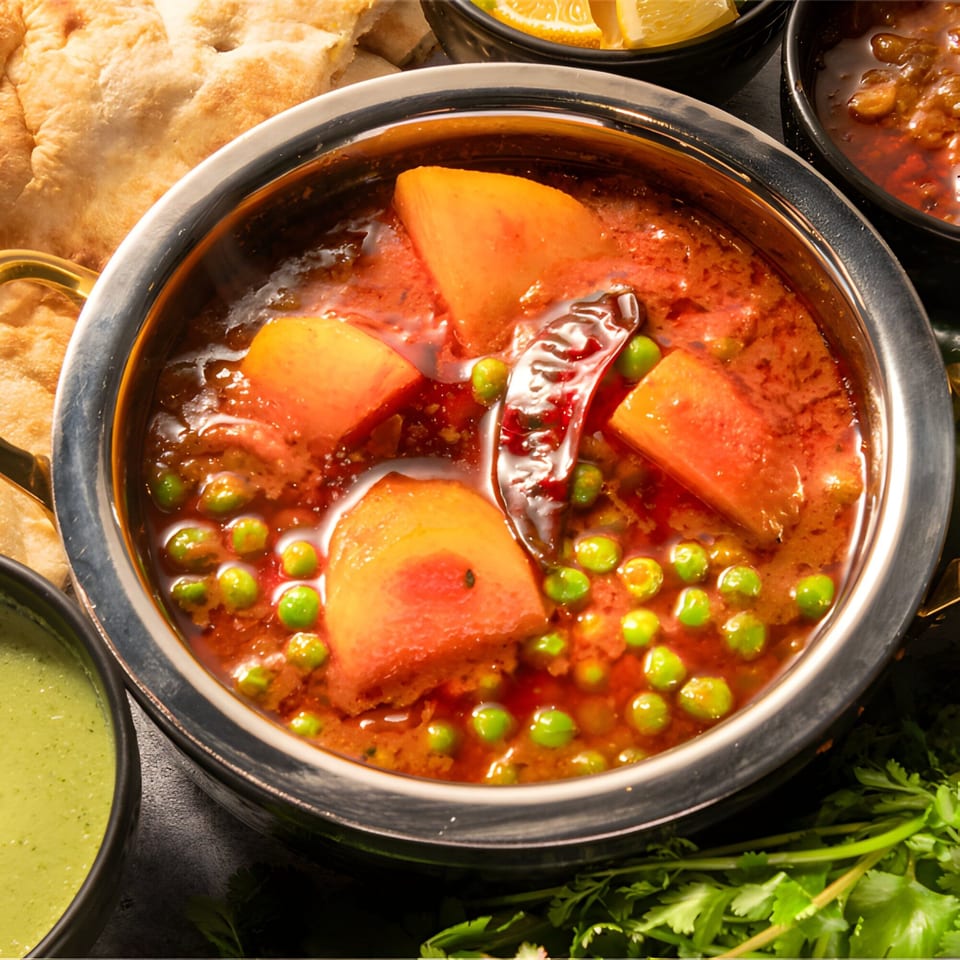 Aloo Matar, a Pakistani potato and pea curry, in a silver bowl with naan and chutneys.